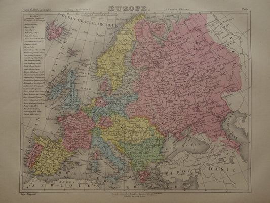 Oude kaart van Europa uit 1877 originele antieke handgekleurde landkaart continent Europa