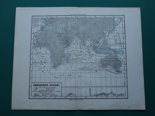 Antieke kaart van de Indische Oceaan Originele 150+ jaar oude antieke Duitse landkaart zeekaart