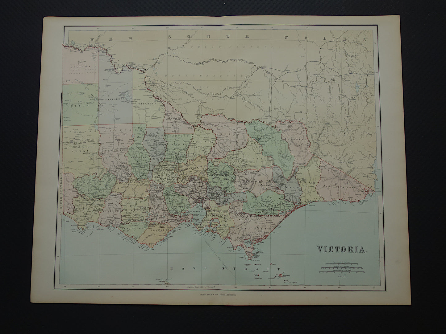 Victoria Australië oude kaart 1890 originele antieke Engelse landkaart Victoria VIC staat poster