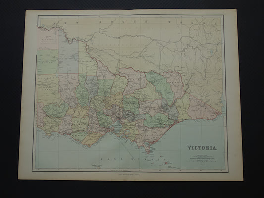 Victoria Australië oude kaart 1890 originele antieke Engelse landkaart Victoria VIC staat poster