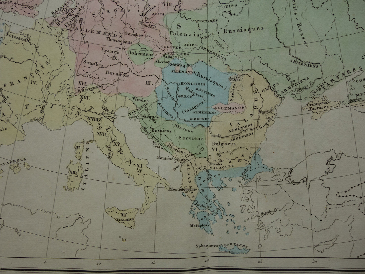 EUROPA oude kaart van Europa uit 1830 over taal en volken Antieke Landkaart Linguïstisch