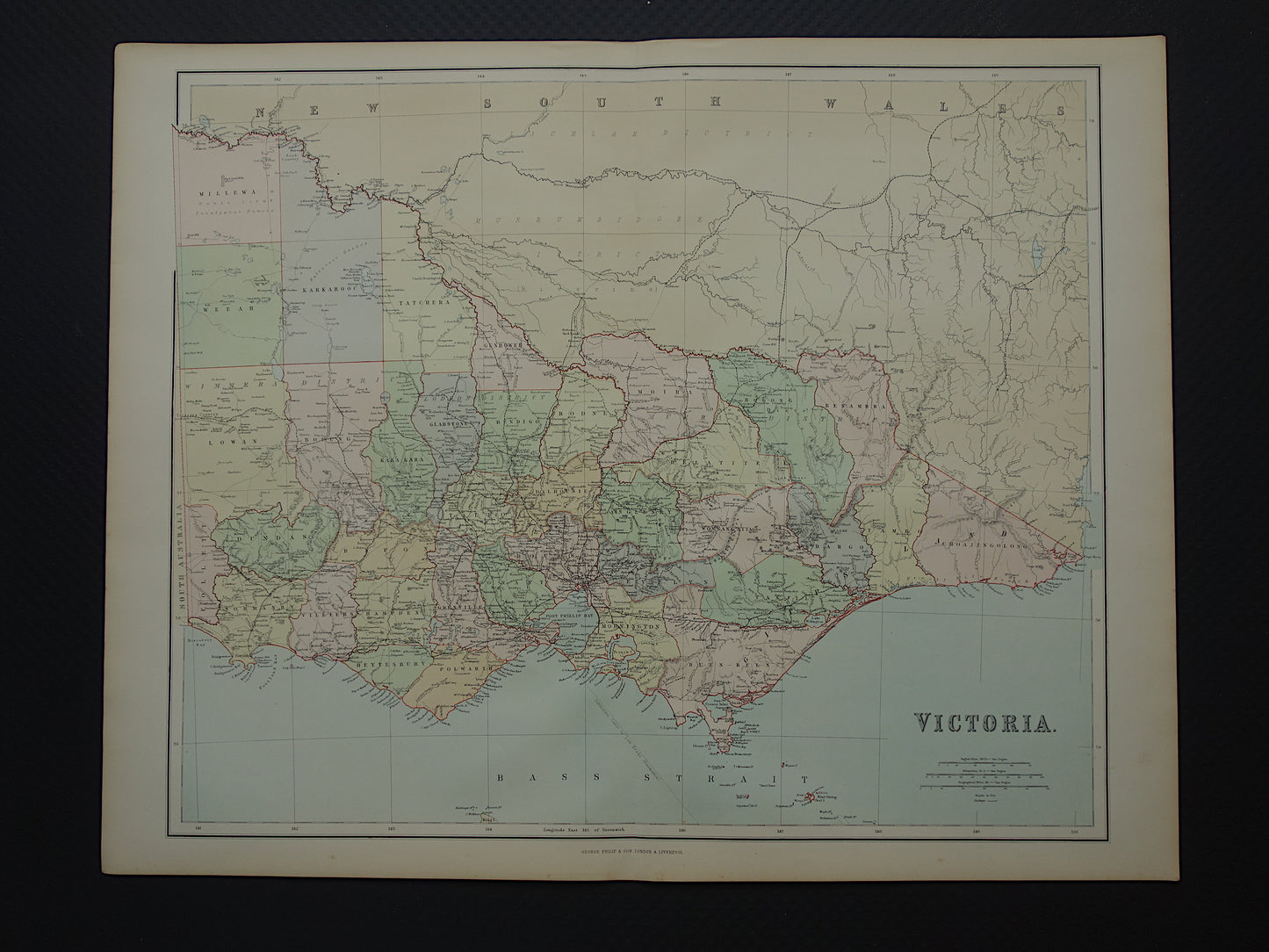 Victoria Australië oude kaart 1890 originele antieke Engelse landkaart Victoria VIC staat poster