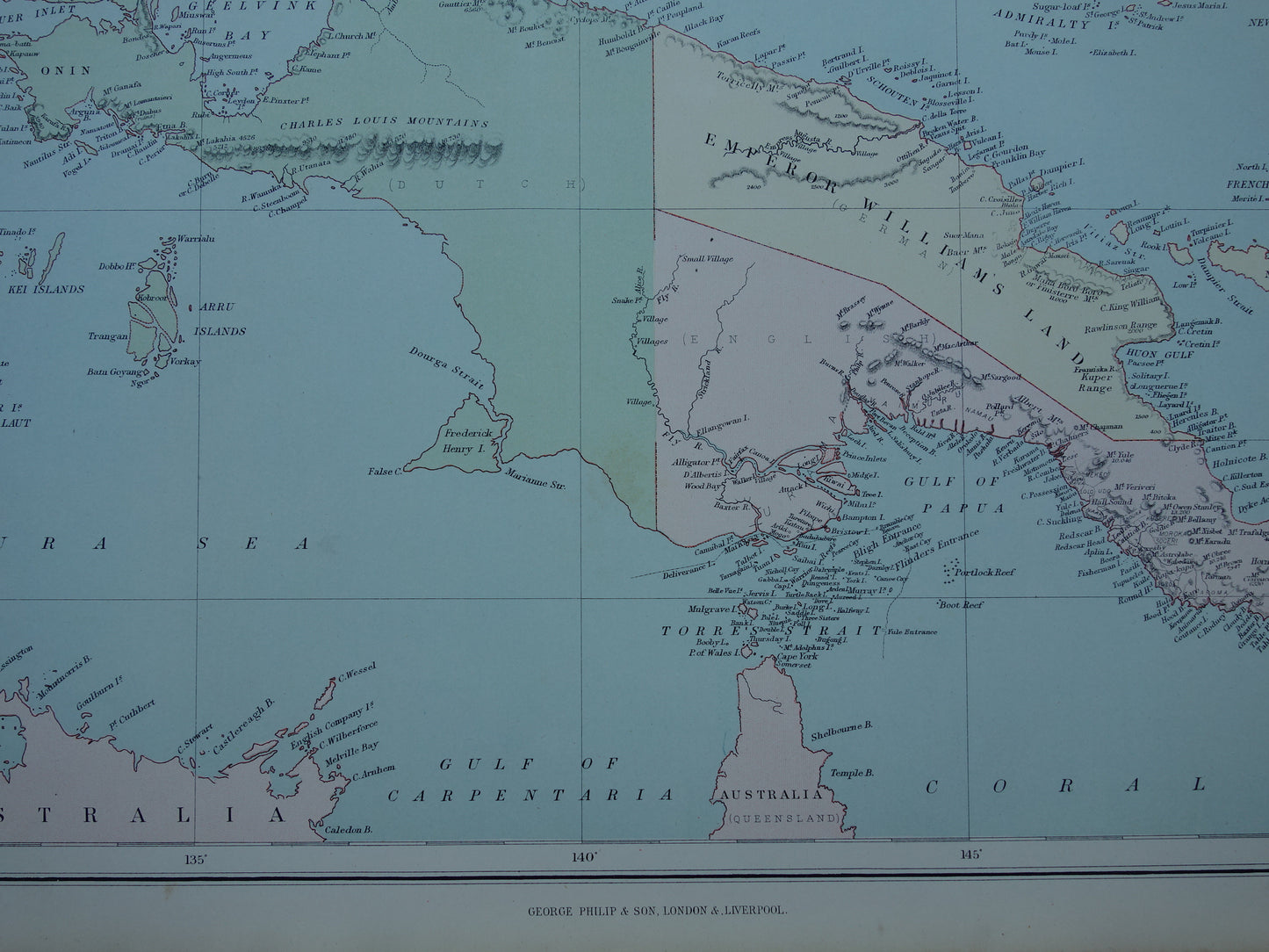 Oude kaart van Tasmanië en Nieuw-Guinea originele antieke Engelse landkaart