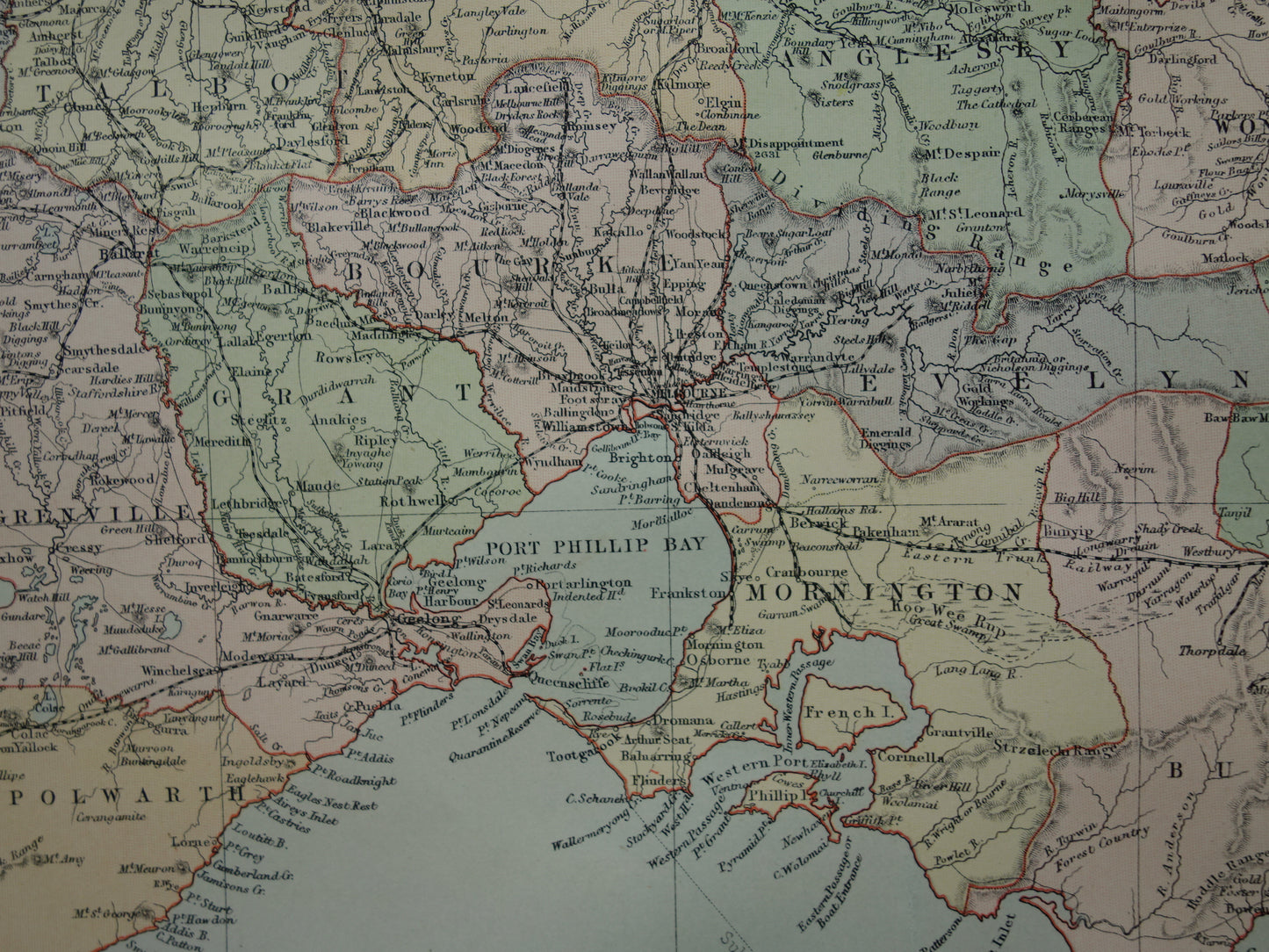 Victoria Australië oude kaart 1890 originele antieke Engelse landkaart Victoria VIC staat poster