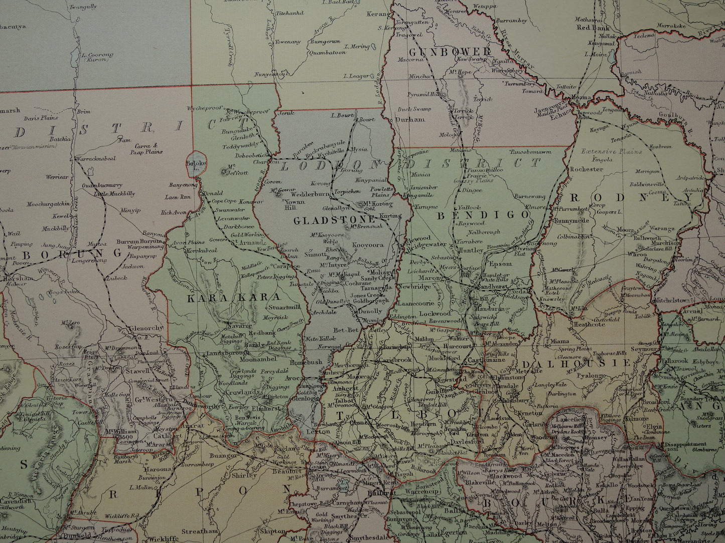 Victoria Australië oude kaart 1890 originele antieke Engelse landkaart Victoria VIC staat poster