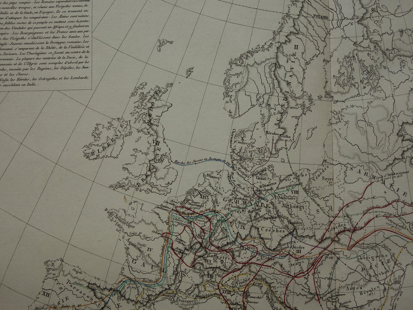 Oude kaart van Europa Grote Volksverhuizing originele antieke landkaart uit 1830 geschiedeniskaart
