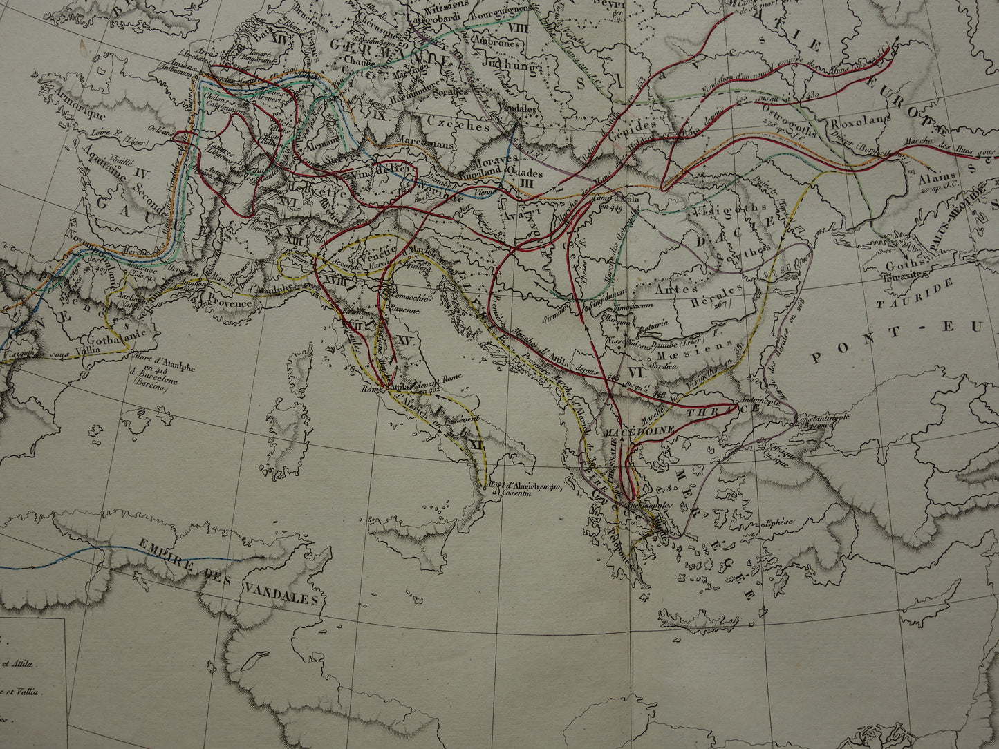 Oude kaart van Europa Grote Volksverhuizing originele antieke landkaart uit 1830 geschiedeniskaart