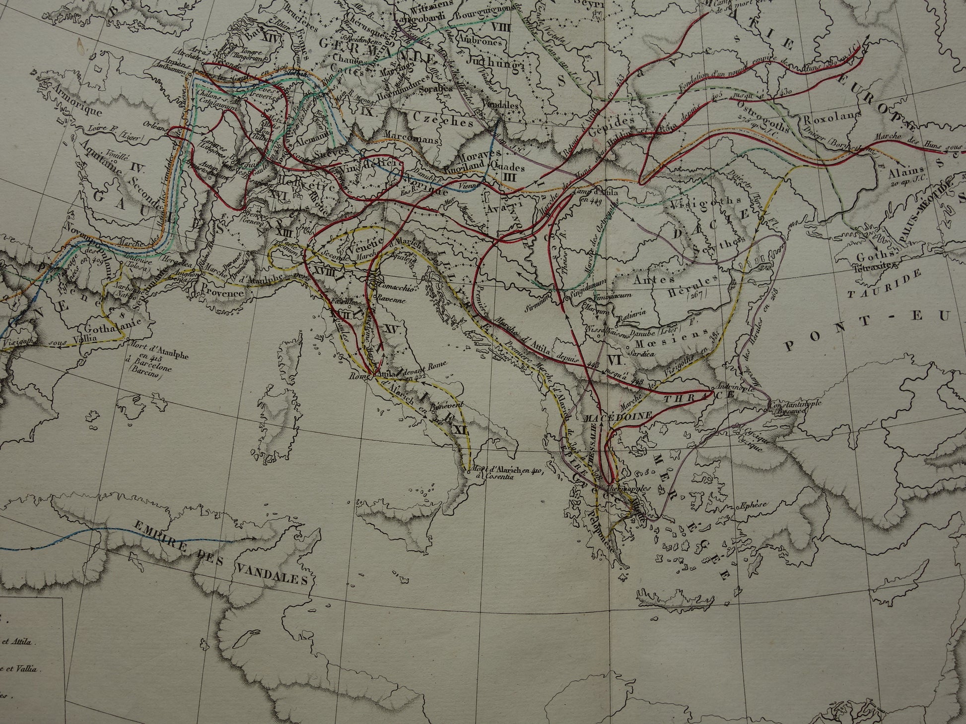 Oude kaart van Europa Grote Volksverhuizing originele antieke landkaart uit 1830 geschiedeniskaart