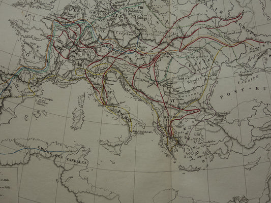 Oude kaart van Europa Grote Volksverhuizing originele antieke landkaart uit 1830 geschiedeniskaart