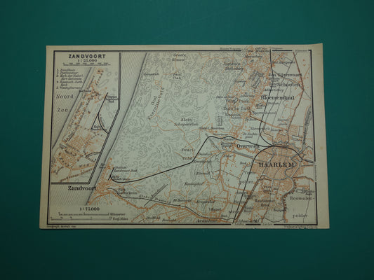 Zandvoort en Haarlem kleine oude landkaart uit 1904 kleine originele antieke kaart vintage print Bloemendaal Overveen