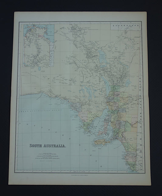 Grote kaart van AUSTRALIË oude kaart van Souh Australia met Northern Territory 1890 originele antieke Engelse landkaart Zuid-Australië