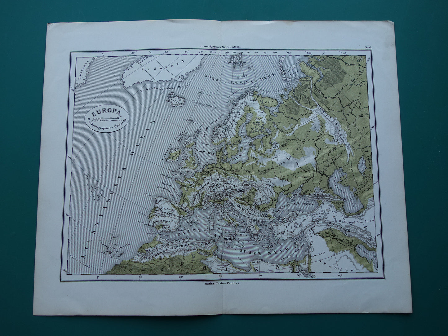 EUROPA antieke oro hydrografische kaart uit 1875 oude landkaart van rivieren en gebergten hoogtekaart