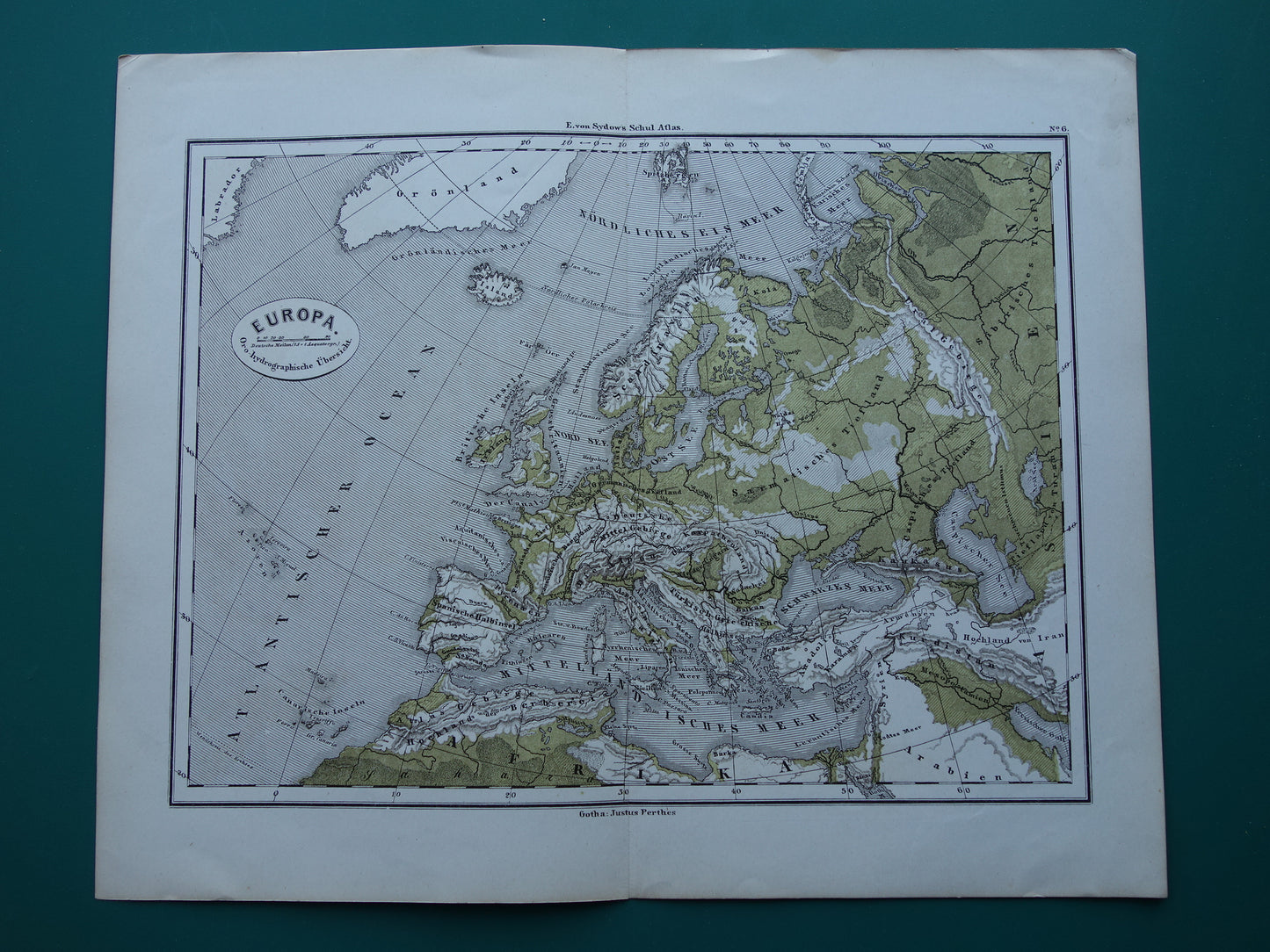 EUROPA antieke oro hydrografische kaart uit 1875 oude landkaart van rivieren en gebergten hoogtekaart