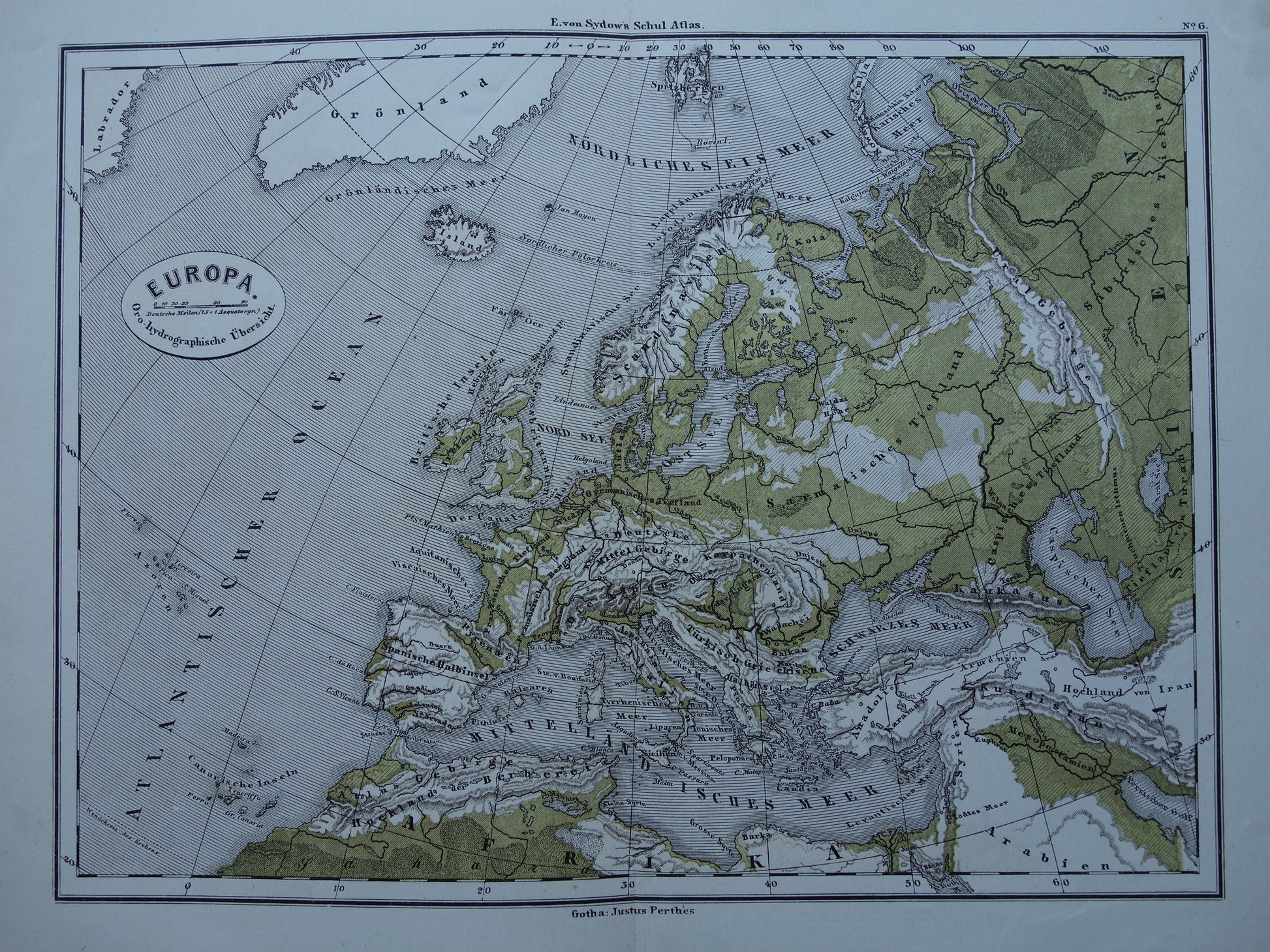 EUROPA antieke oro hydrografische kaart uit 1875 oude landkaart van rivieren en gebergten hoogtekaart