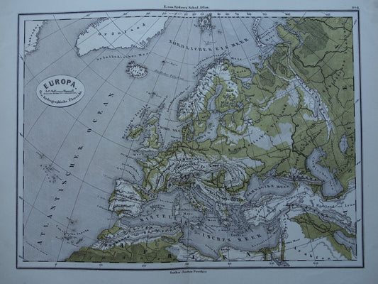 EUROPA antieke oro hydrografische kaart uit 1875 oude landkaart van rivieren en gebergten hoogtekaart