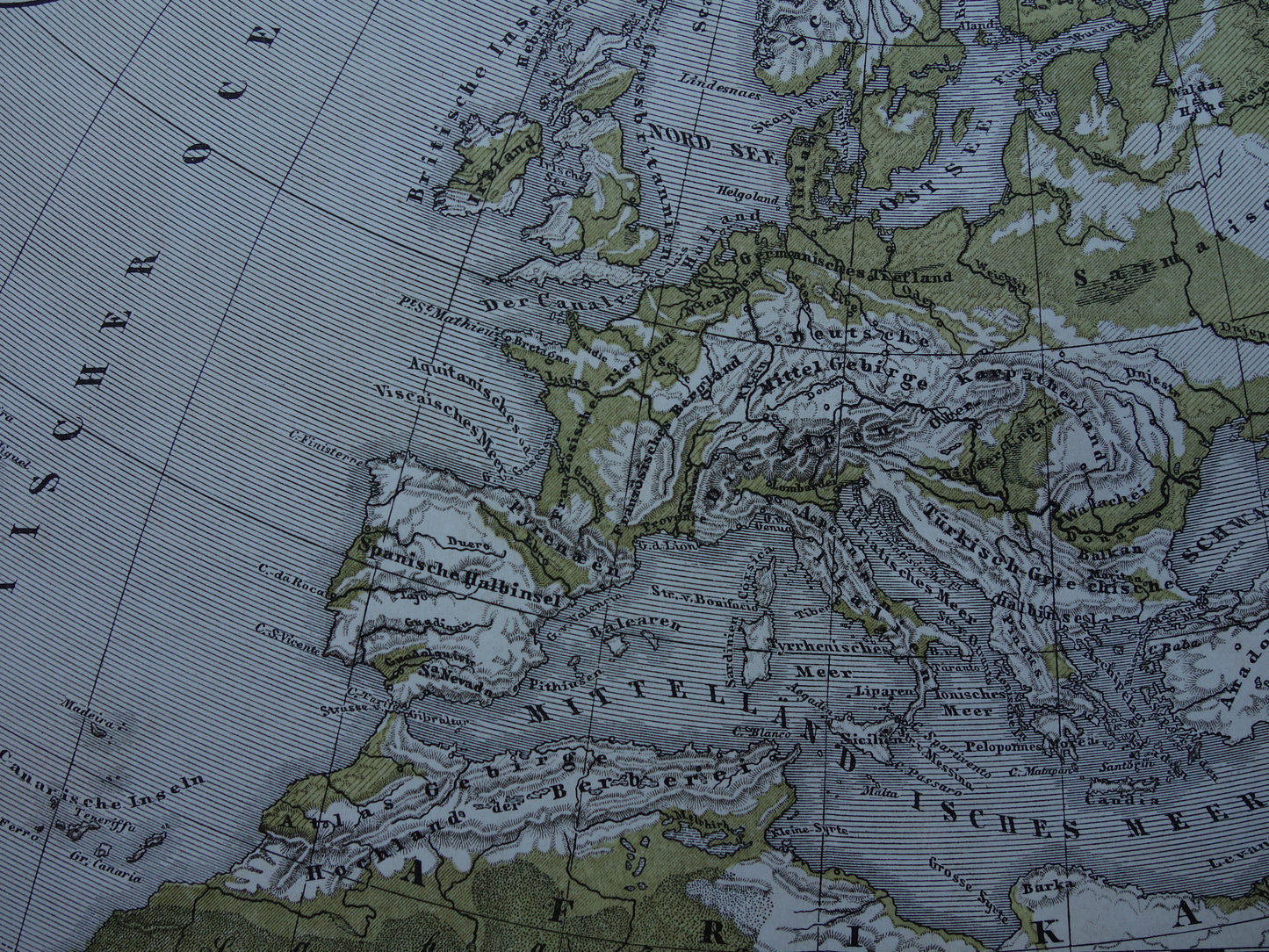EUROPA antieke oro hydrografische kaart uit 1875 oude landkaart van rivieren en gebergten hoogtekaart