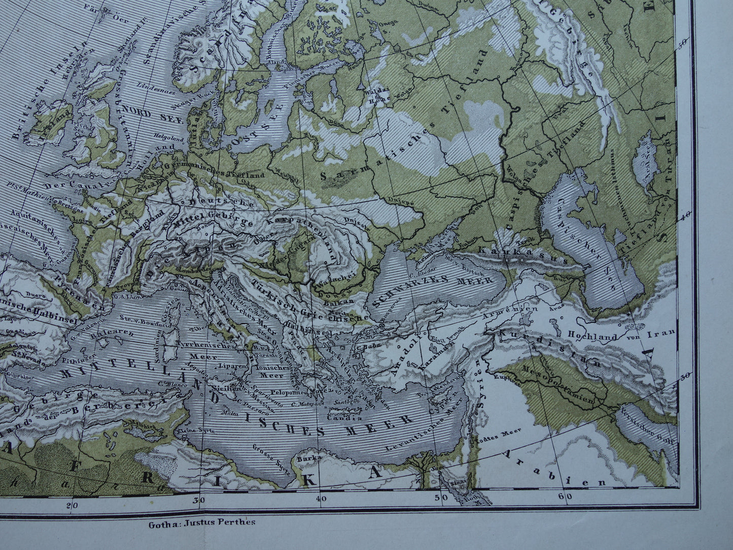 EUROPA antieke oro hydrografische kaart uit 1875 oude landkaart van rivieren en gebergten hoogtekaart