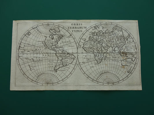 WERELDKAART 360+ jaar oude kaart van de wereld 1661 originele antieke landkaart klein formaat Korea en Californië als eiland