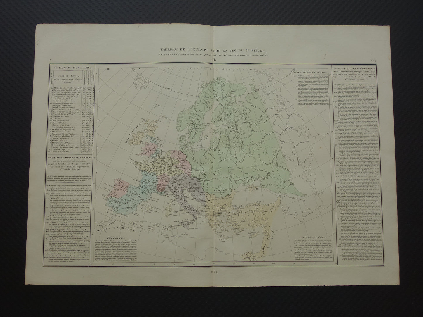 Oude kaart van Europa eind 5e eeuw Val van het Romeinse Rijk originele antieke landkaart uit 1830 geschiedeniskaart