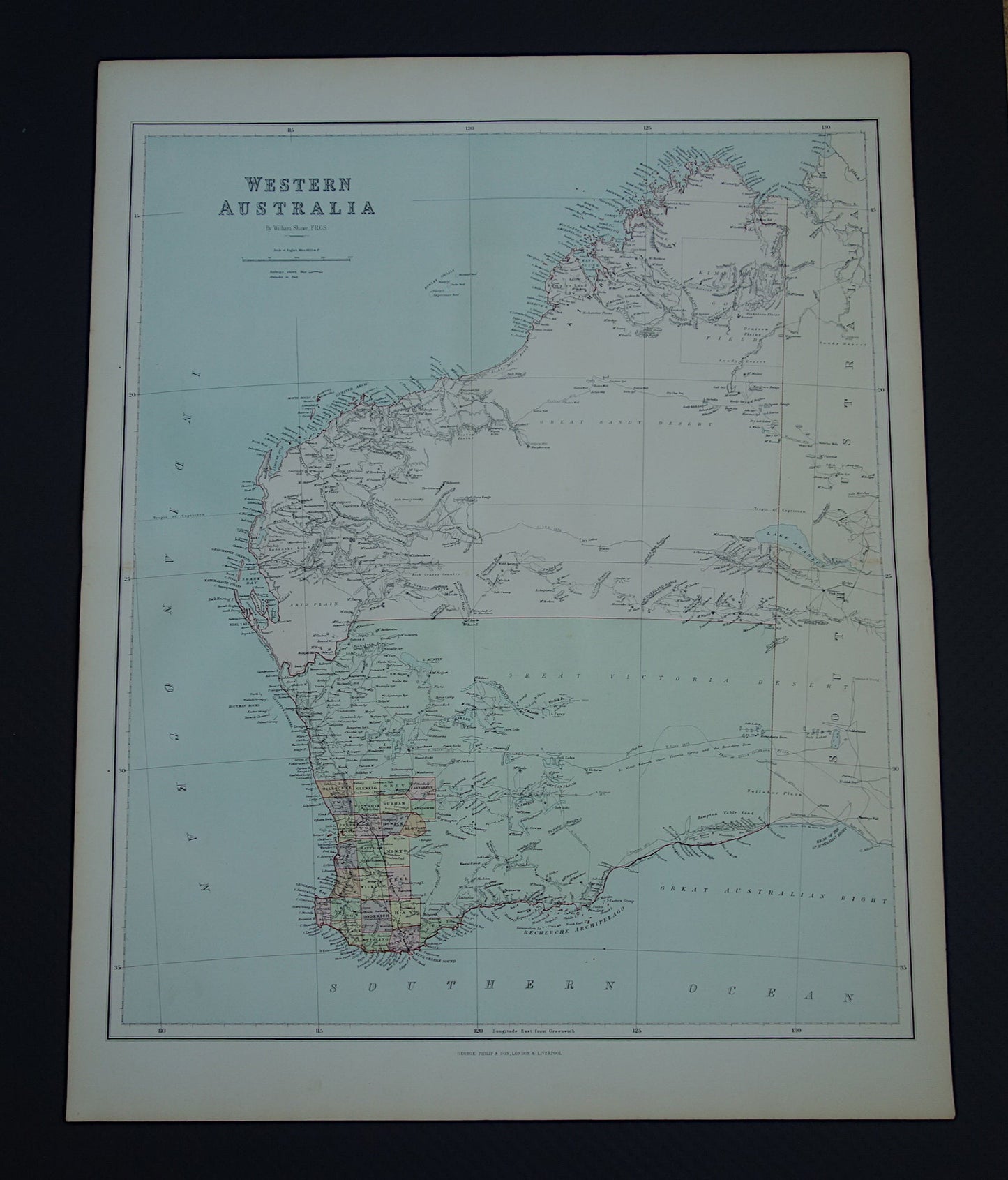 West Australië oude kaart 1890 originele antieke Engelse landkaart Western Australia WA staat Perth poster