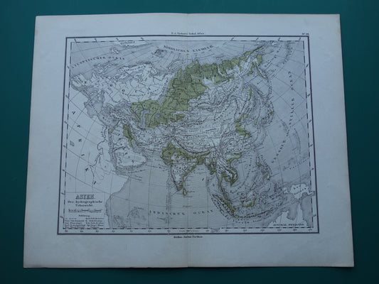 Azië antieke oro hydrografische kaart uit 1875 oude landkaart van rivieren en gebergten hoogtekaart