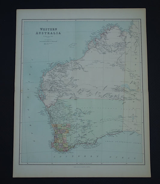 West Australië oude kaart 1890 originele antieke Engelse landkaart Western Australia WA staat Perth poster