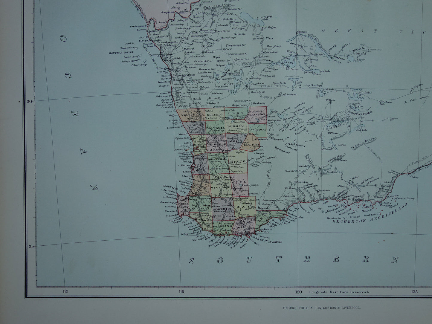 West Australië oude kaart 1890 originele antieke Engelse landkaart Western Australia WA staat Perth poster