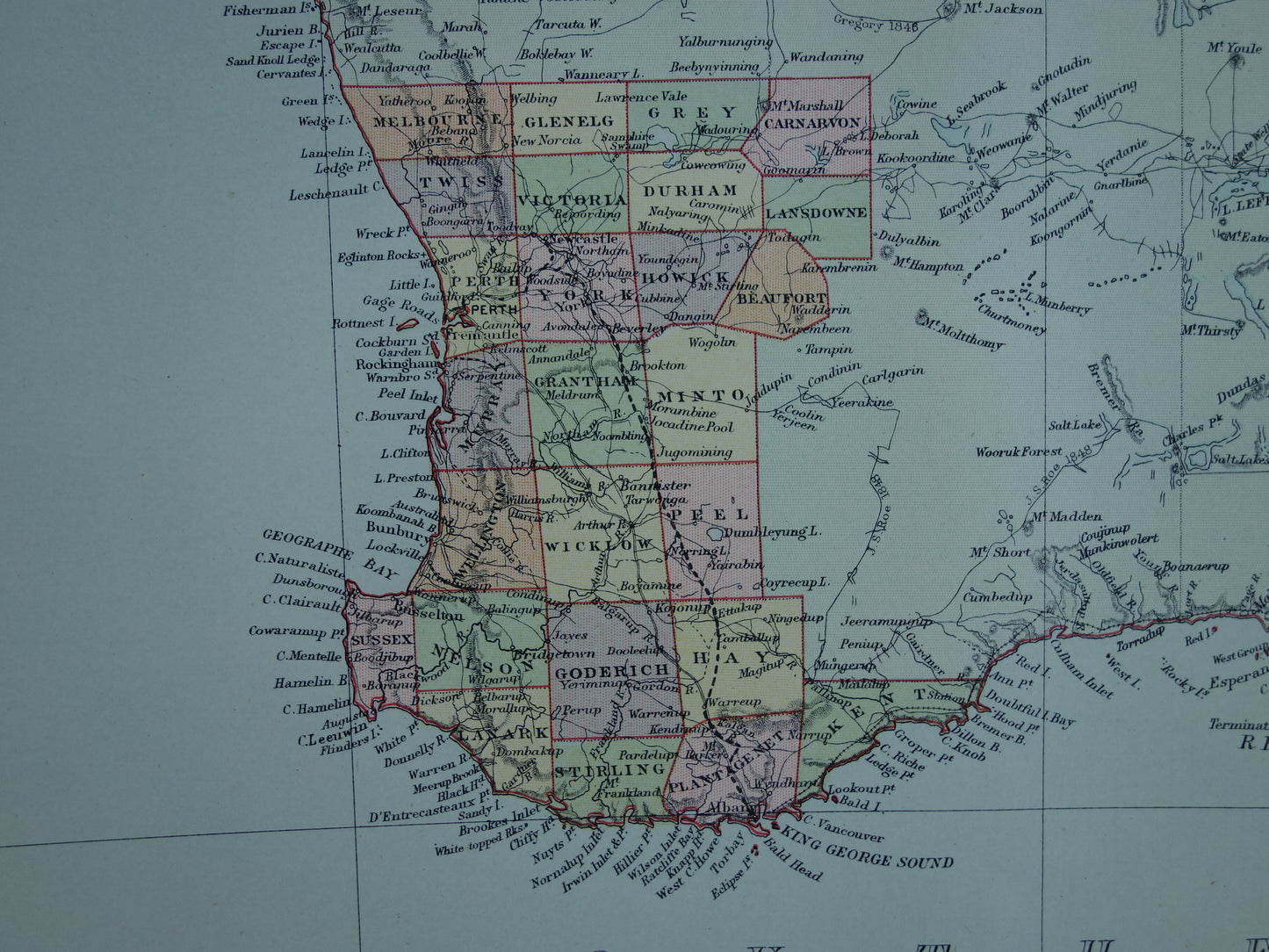 West Australië oude kaart 1890 originele antieke Engelse landkaart Western Australia WA staat Perth poster