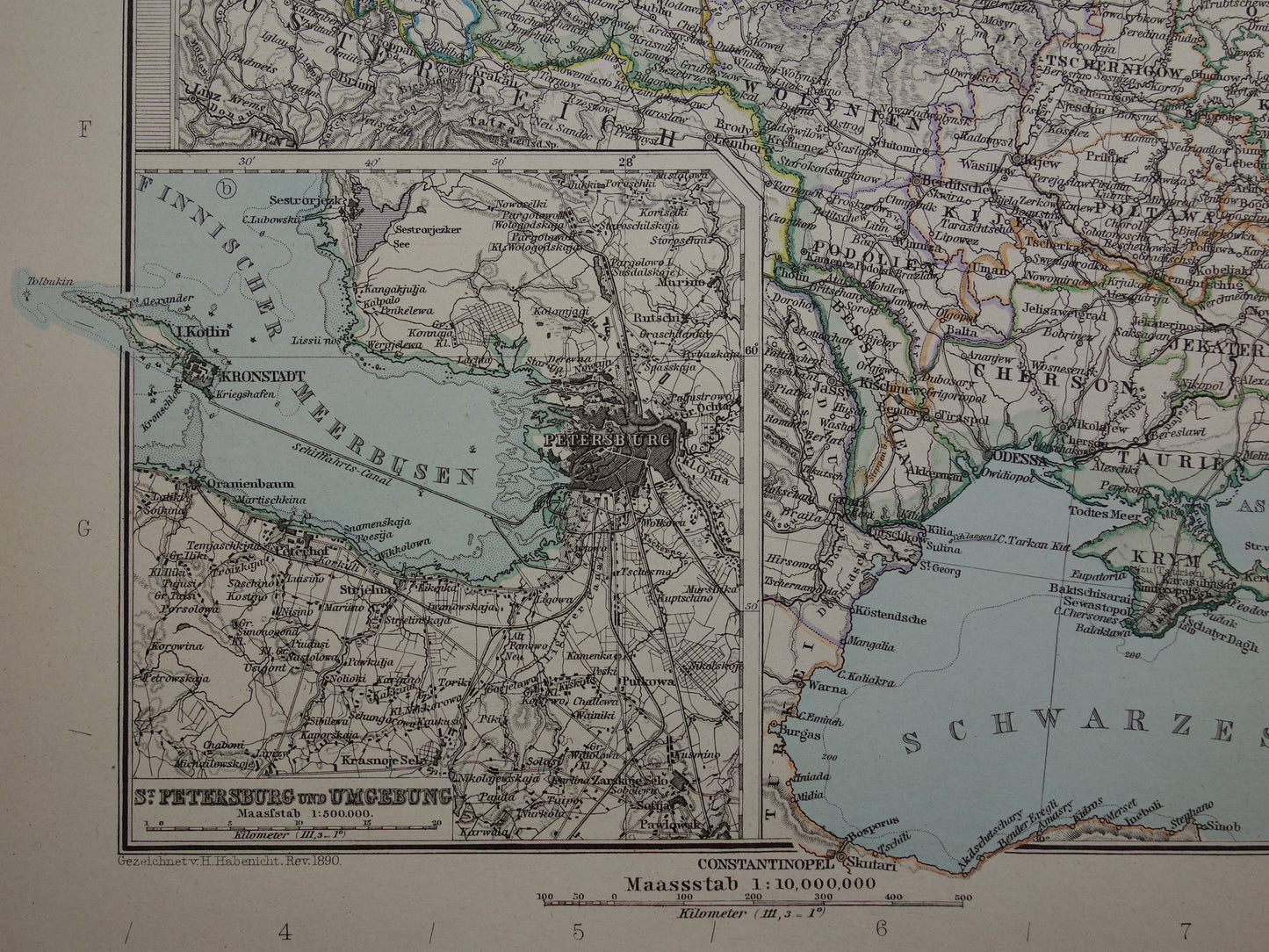 RUSLAND Oude kaart van Europees Rusland uit 1890 originele antieke handgekleurde landkaart