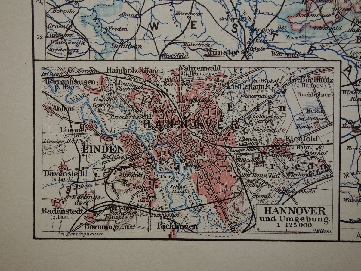 DUITSLAND oude kaart van Nedersaksen Hannover Bremen Hamburg 1913 originele antieke Duitse landkaart van noordwest Duitsland