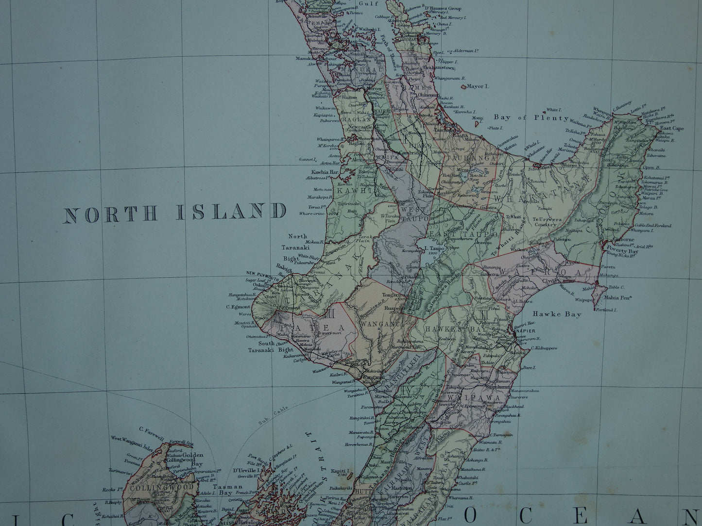 Oude landkaart van Nieuw-Zeeland uit 1890 Mooie origineel antieke kaart New Zealand Vintage landkaarten