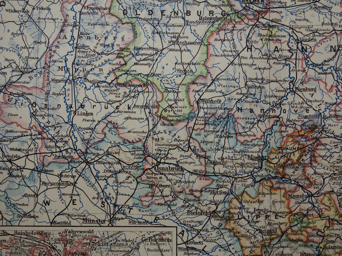 DUITSLAND oude kaart van Nedersaksen Hannover Bremen Hamburg 1913 originele antieke Duitse landkaart van noordwest Duitsland