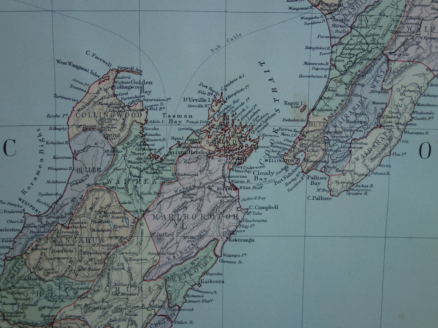 Oude landkaart van Nieuw-Zeeland uit 1890 Mooie origineel antieke kaart New Zealand Vintage landkaarten