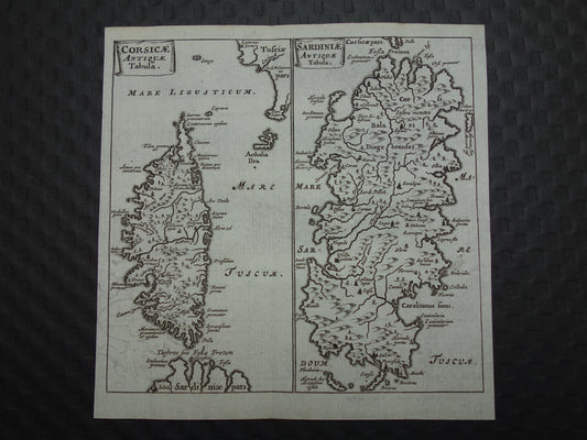 360+ jaar oude kaart van Corsica en Sardinië in de klassieke oudheid 1661 originele antieke Nederlandse landkaart zeer klein formaat