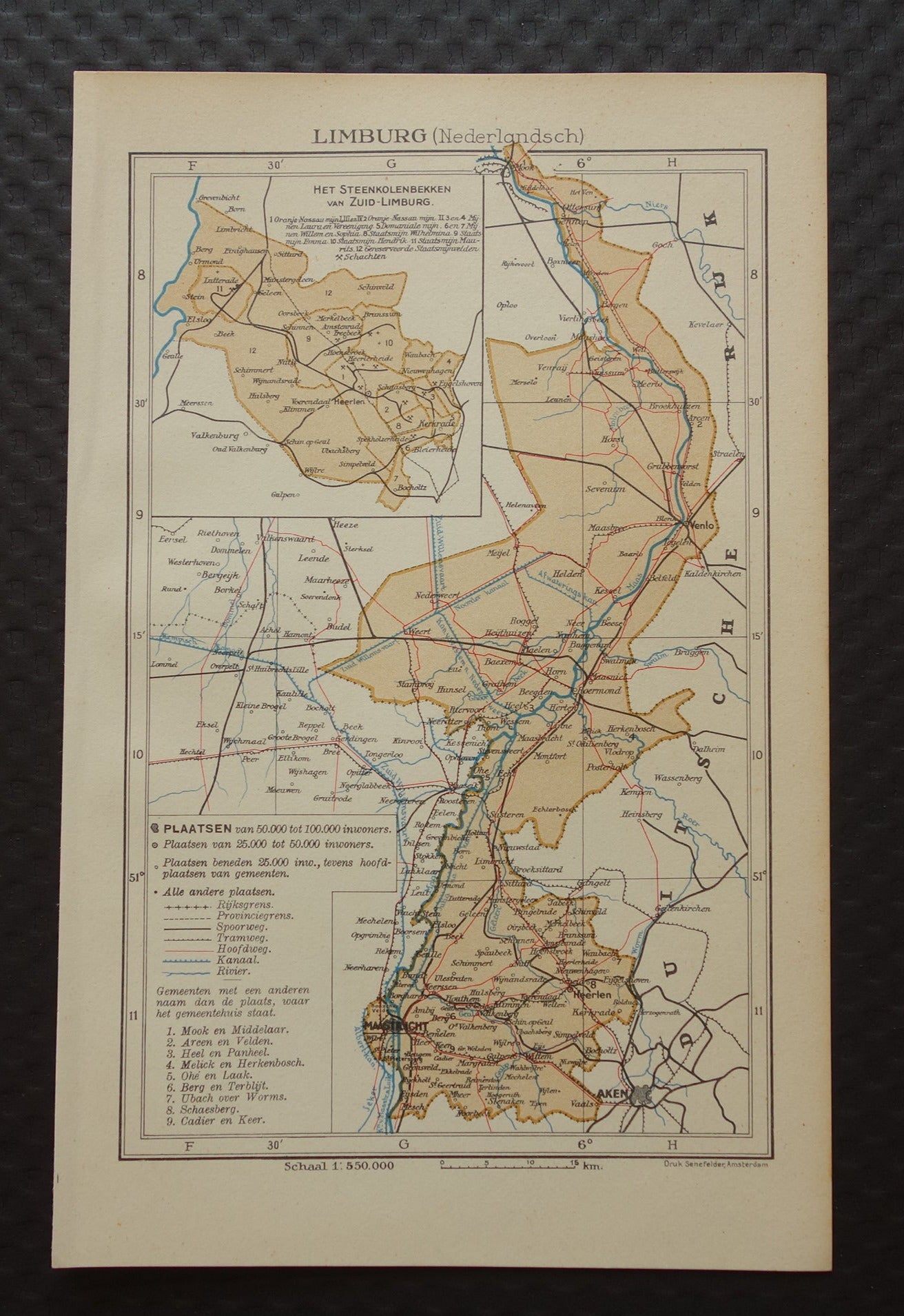 LIMBURG Oude kaart van provincie Limburg uit 1936 Originele vintage Nederlandse landkaart klein