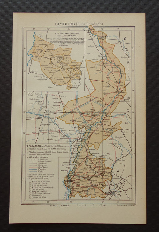 LIMBURG Oude kaart van provincie Limburg uit 1936 Originele vintage Nederlandse landkaart klein