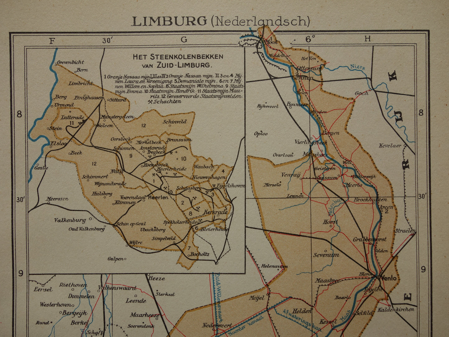 LIMBURG Oude kaart van provincie Limburg uit 1936 Originele vintage Nederlandse landkaart klein