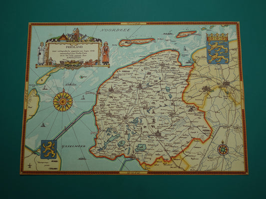 FRIESLAND Vintage kaart van de provincie Friesland uit 1947 Oude historische landkaart