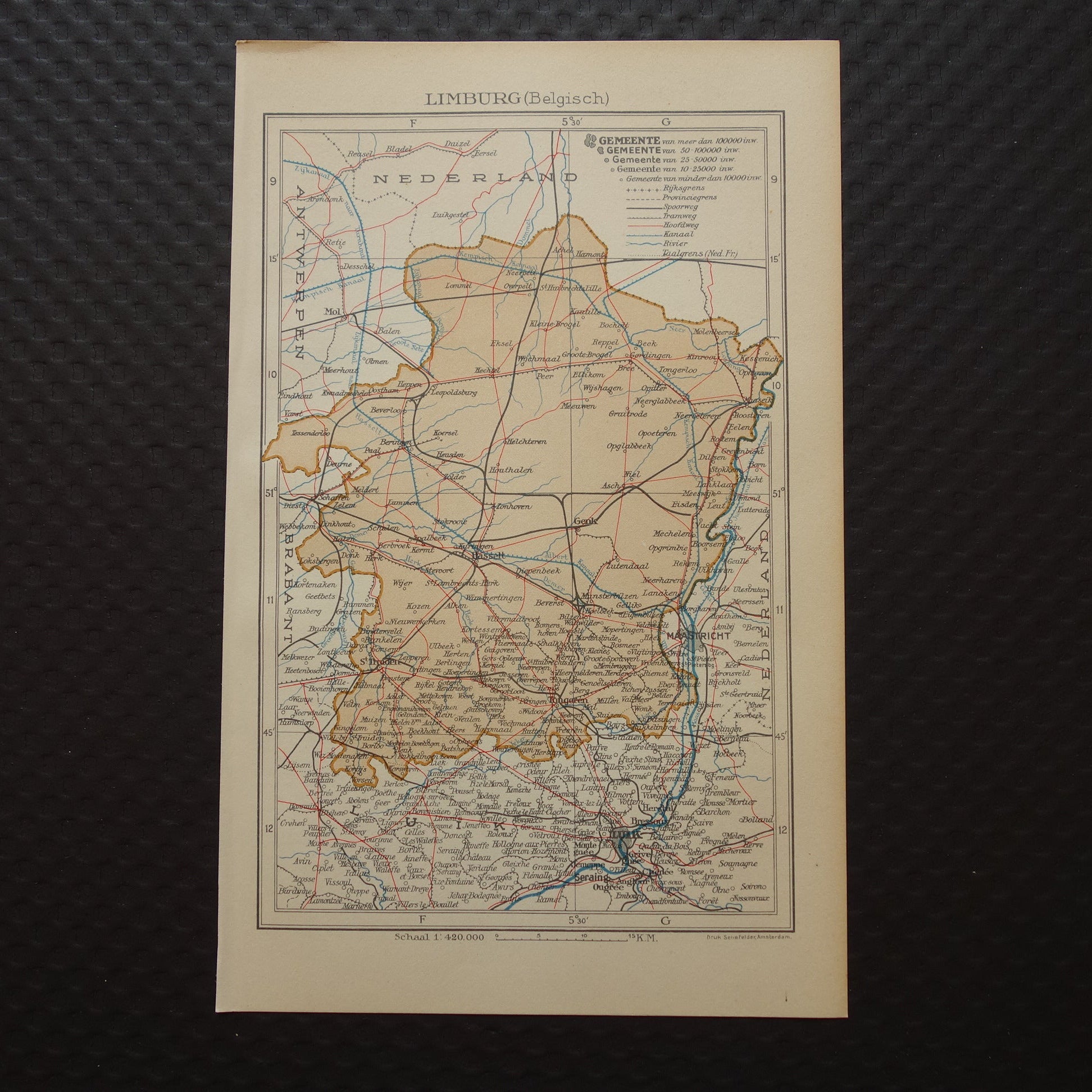 LIMBURG Oude kaart van provincie Belgisch Limburg uit 1936 Originele vintage Nederlandse kaart