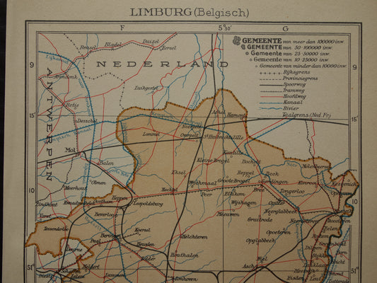 LIMBURG Oude kaart van provincie Belgisch Limburg uit 1936 Originele vintage Nederlandse kaart