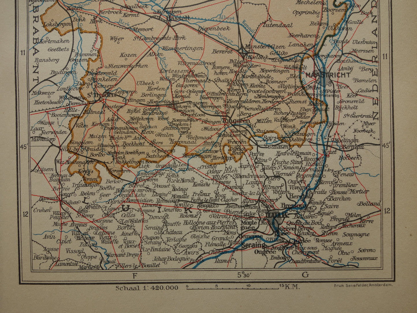 LIMBURG Oude kaart van provincie Belgisch Limburg uit 1936 Originele vintage Nederlandse kaart