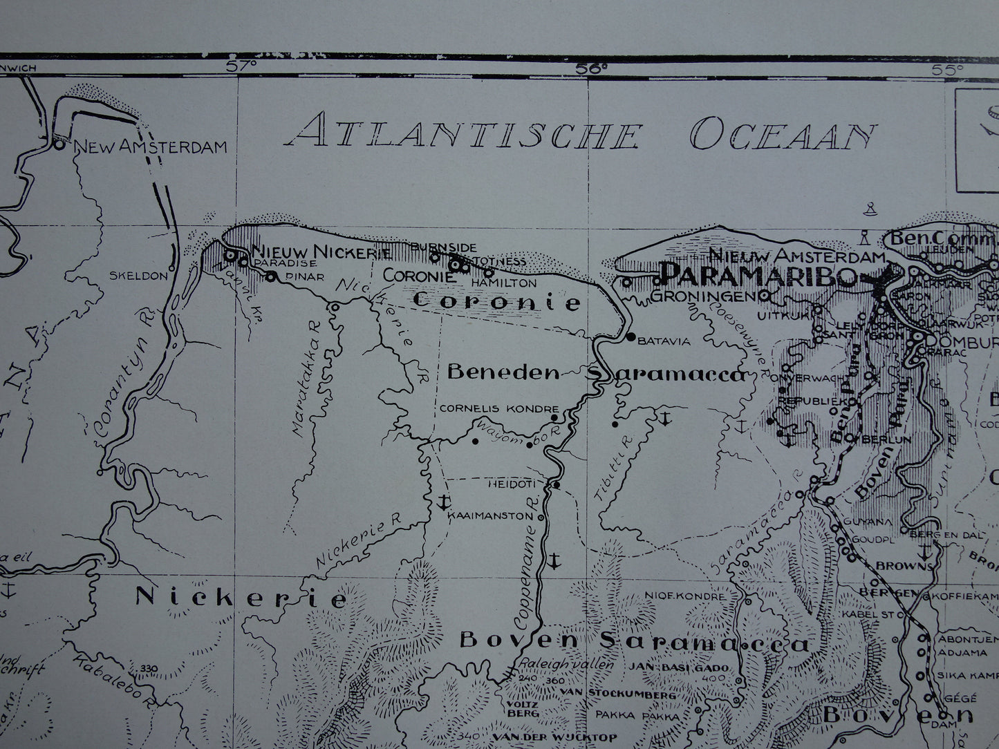 Suriname oude kaart uit 1938 originele vintage landkaart van Suriname - Nederlandse kaart