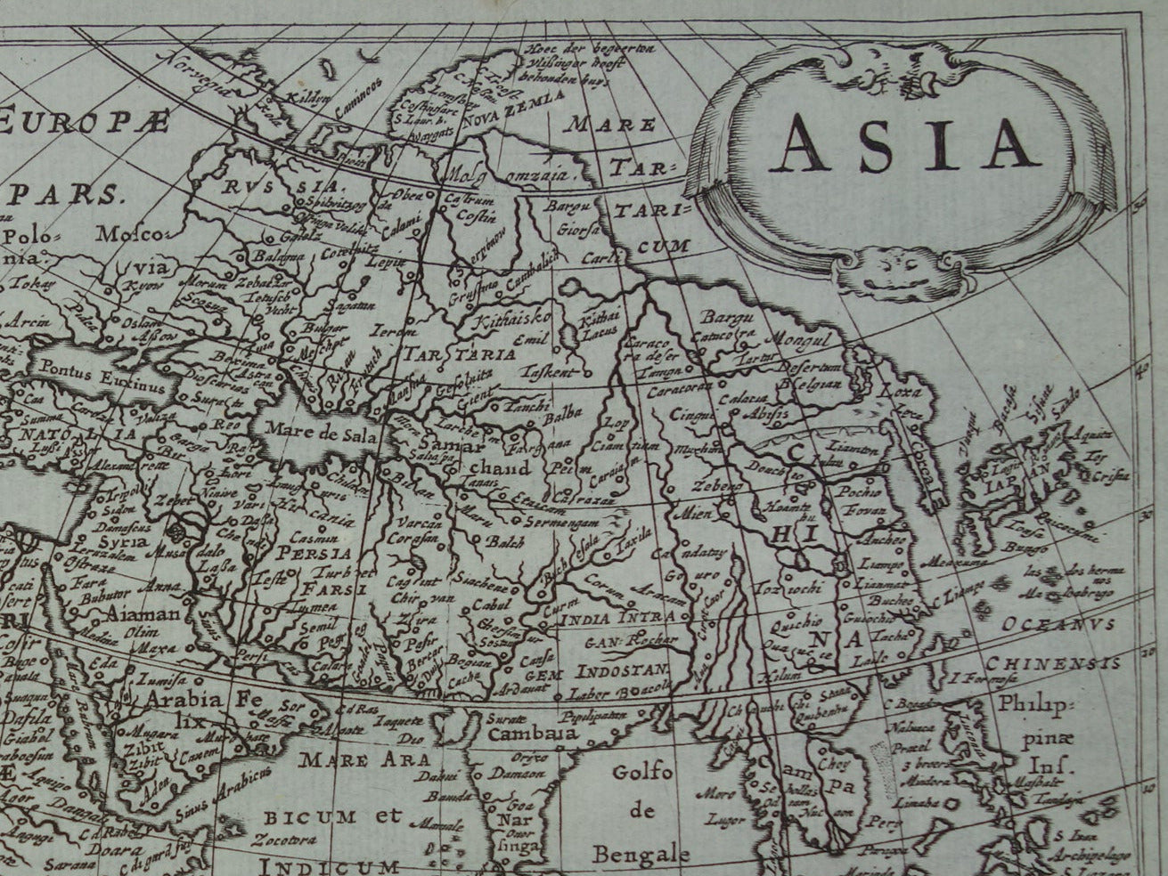 AZIE 360+ jaar oude kaart van Azië 1661 originele antieke landkaart continent klein formaat Cluver Asia