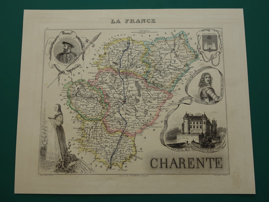 CHARENTE Frankrijk oude kaart uit 1856 originele antieke handgekleurde landkaart Cognac Angoulême Chateau de la Rochefoucauld