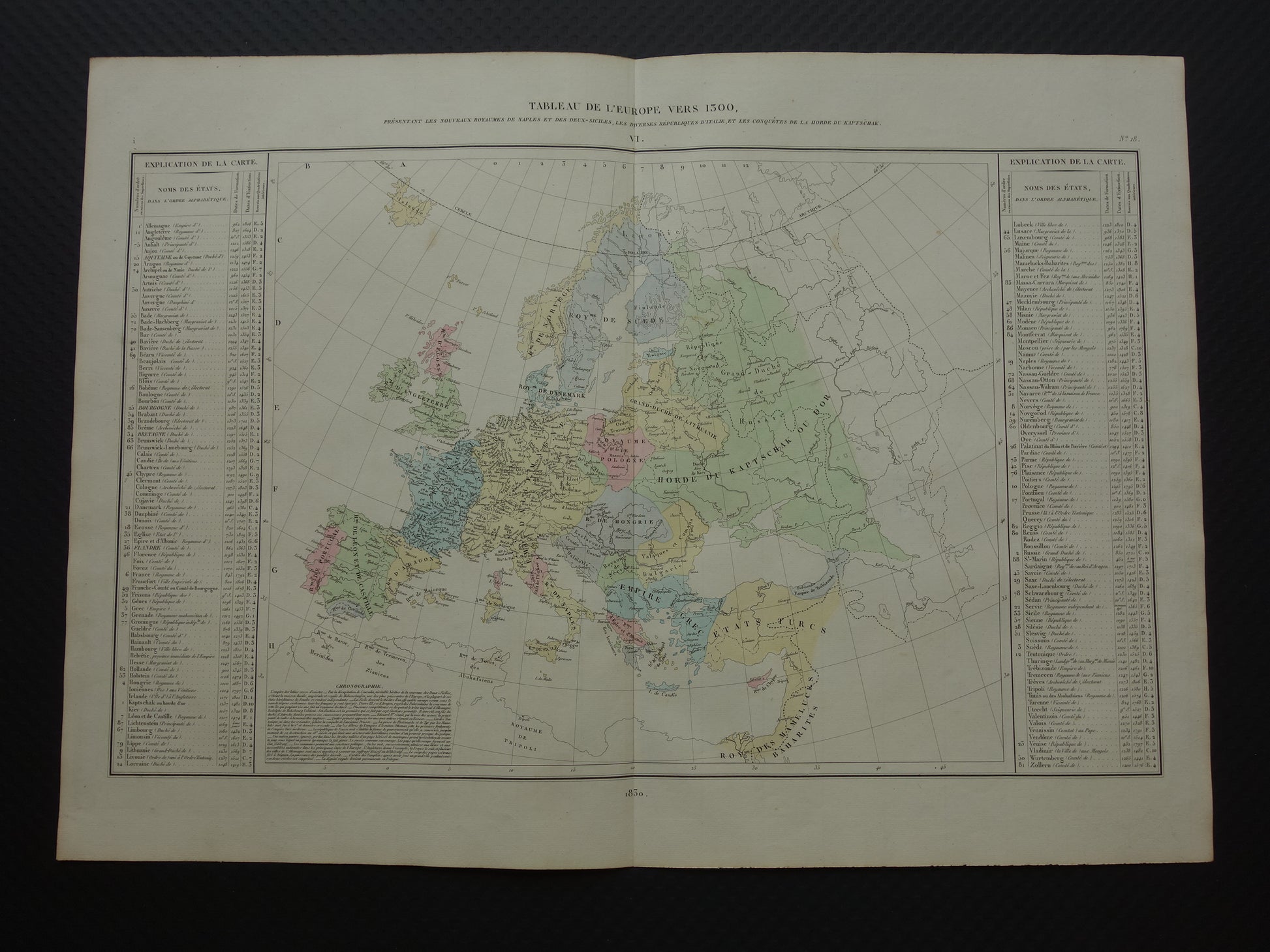 Oude kaart van Europa rond het jaar 1300 Gouden Horde originele antieke landkaart uit 1830 geschiedeniskaart