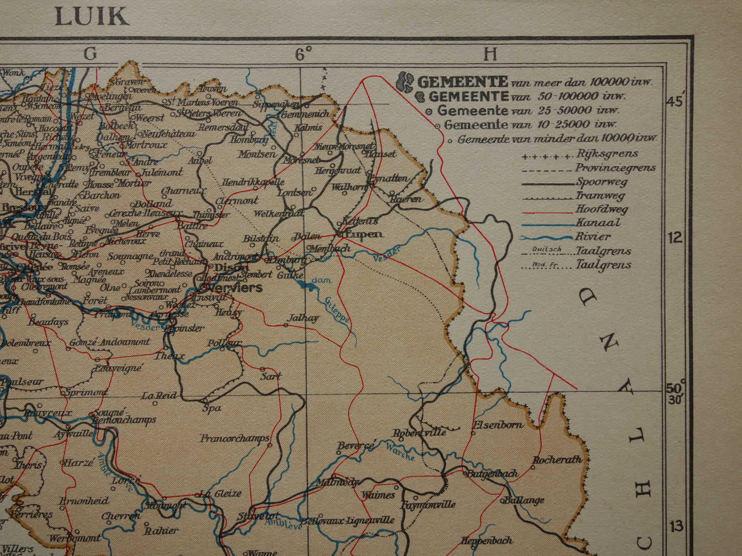 LUIK Oude kaart van provincie Luik België uit 1936 Originele vintage Nederlandse kaart