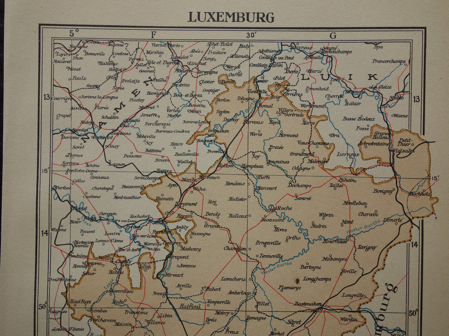 LUXEMBURG Oude kaart van provincie Lussimbork België uit 1936 Originele vintage Nederlandse kaart