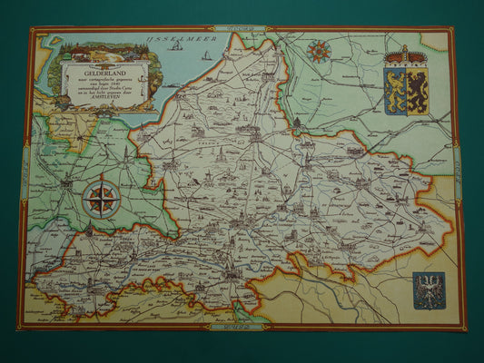 GELDERLAND Vintage kaart van de provincie Gelderland uit 1947 Oude historische landkaart