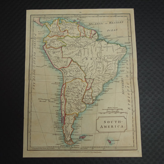 Kleine oude landkaart van Zuid-Amerika uit 1837 Originele Engelse handgekleurde kaart