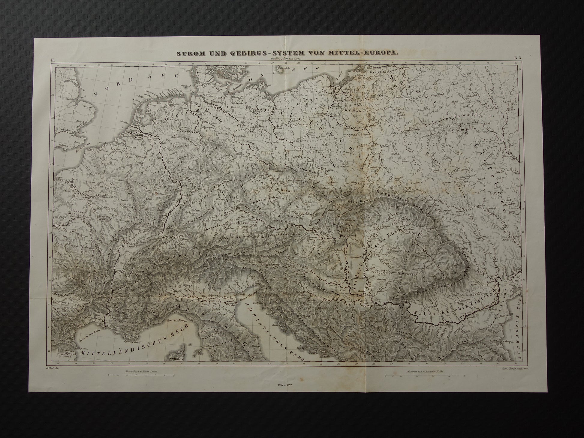 MIDDEN-EUROPA oude landkaart van rivieren en gebergten uit 1849 originele vintage historische kaarten Duitsland Oostenrijk Zwitserland Alpen bergen hoogtekaart